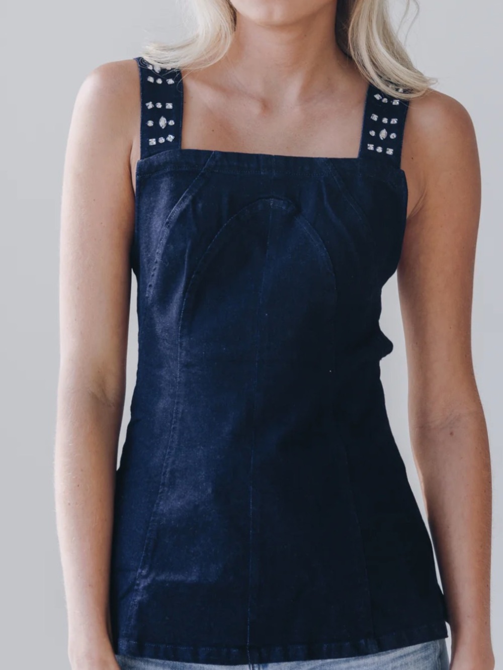 Free People Navy Stud-Strap Denim Tank Decked in Shine Dark Wash